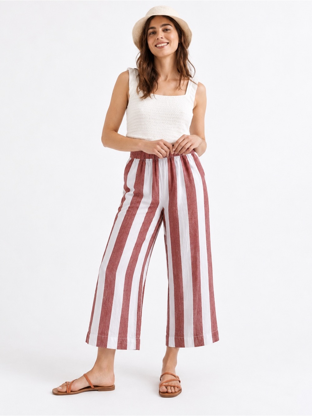 Madewell Red White Stripe Linen Cotton Wide Leg Cropped Pants XS